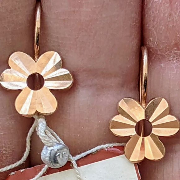 NOS Russian USSR 14K 585 Rose Pink Gold Diamond Cut Open Flower Dangle EARRINGS - Picture 1 of 6